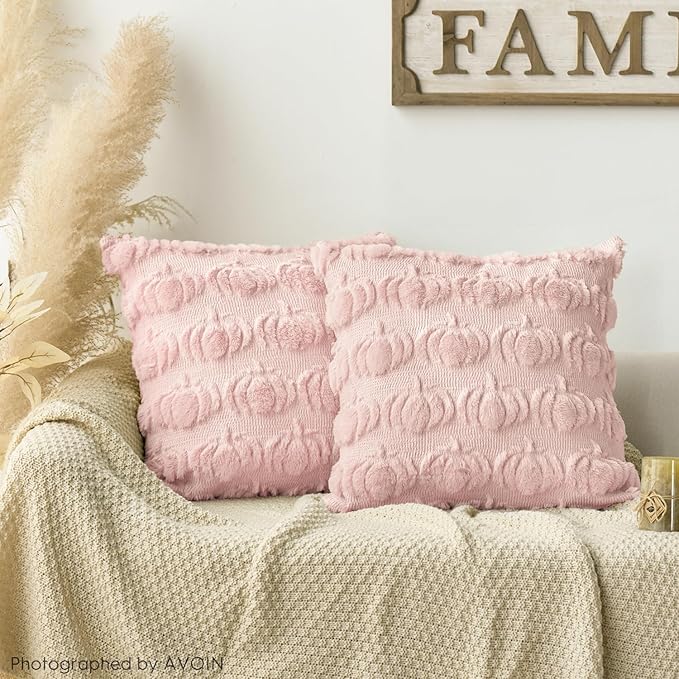 AVOIN colorlife Fall Pumpkin Pink Throw Pillow Covers, 20 x 20 Inch Seasonal Autumn Thanksgiving Harvest Decoration Soft Plush Faux Fur Jacquard Cushion Case Decoration for Sofa Couch Set of 2