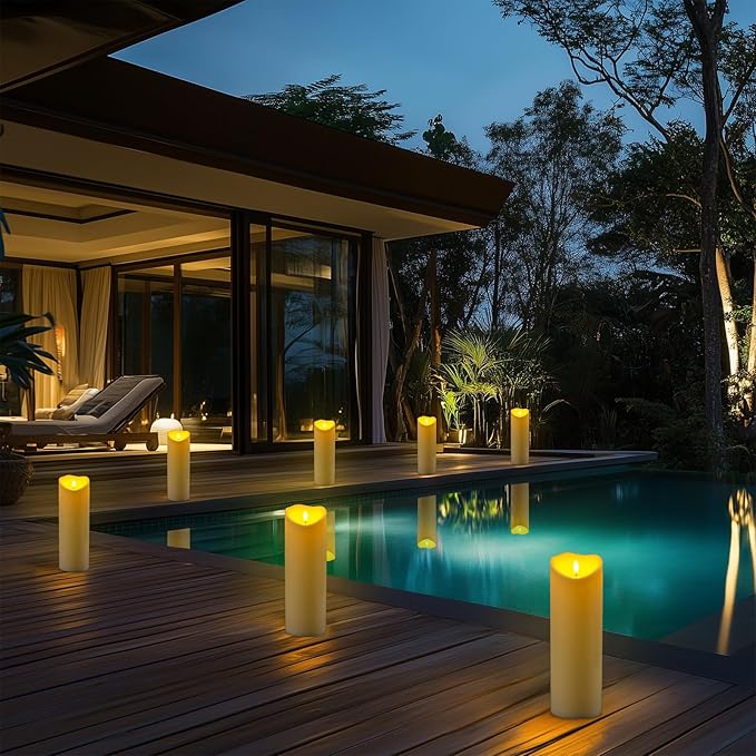 Homemory 4"x12" Outdoor Waterproof Flameless Candles with Timers and Remote Control, Battery Operated Candles, LED Plastic Candles, Ivory White, Set of 2