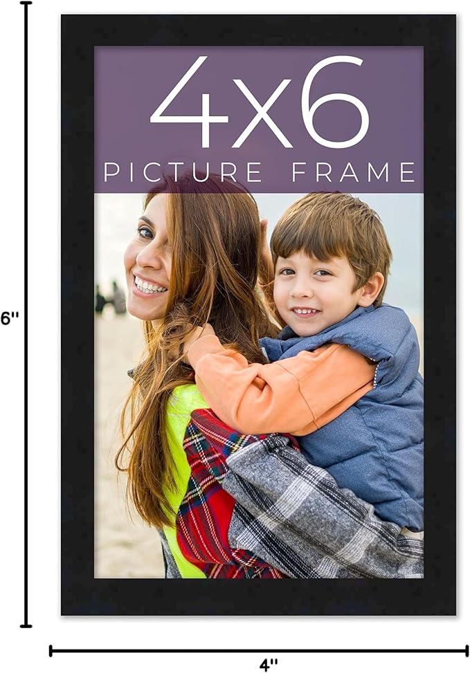Black Real Wood Picture Frame - 4x6 Inches, 0.75 Inch Width, 0.5 Inch Depth | Mid Century Style with UV Acrylic, Foam Board Backing & Hanging Hardware