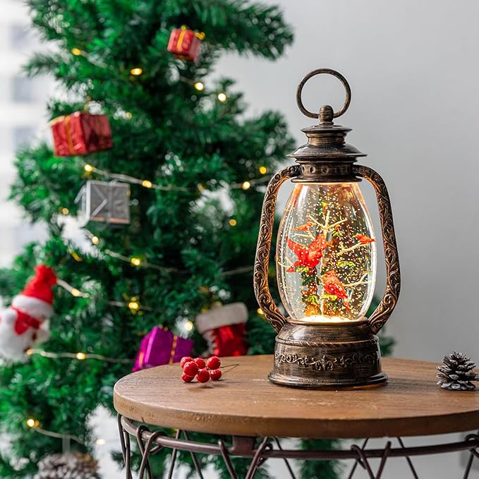 12'' Lighted Cardinals Snow Globe Lantern, Music Water Lantern with Swirling Glitter Decoration for Christmas Home, Living Room, Battery Operated or USB Powered