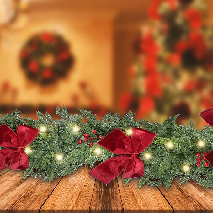 9ft Christmas Garland with Lights,Lighted Cedar Garland for Mantle,Prelit Real Touch Artificial Green Christmas Winter Garland with Large Burgundy Velvet Bow for Indoor Outdoor Decor