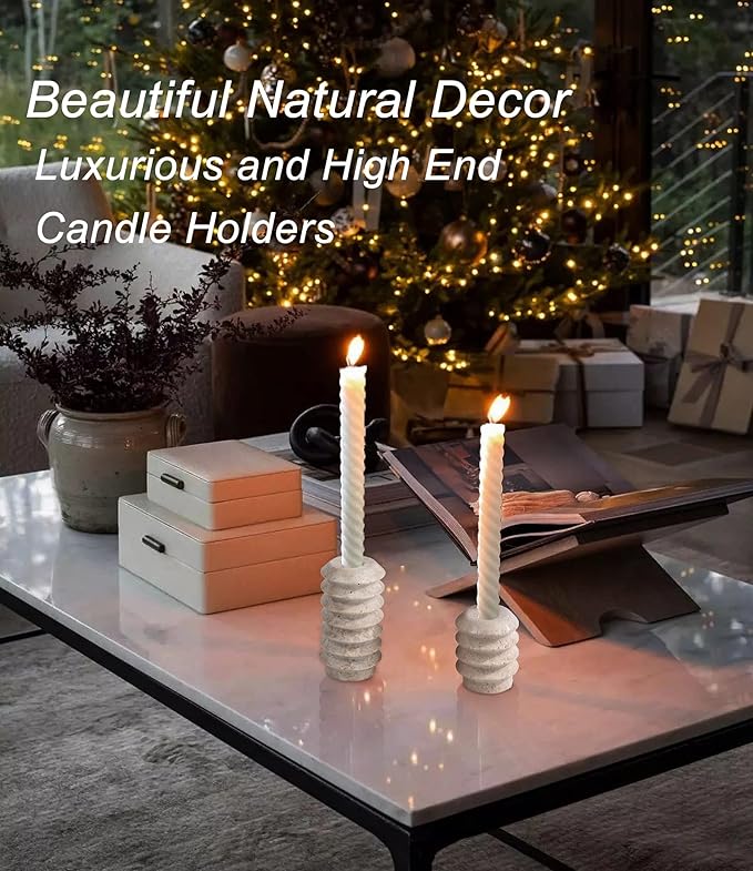 HofferRuffer Travertine Candlestick Holders, Set of 2 Natural Stone Candle Holder Decorative Candle Stands for Wedding, Dinning, Party, Table Centerpieces, Fits 3/4'' Thick Candles (Cream White)