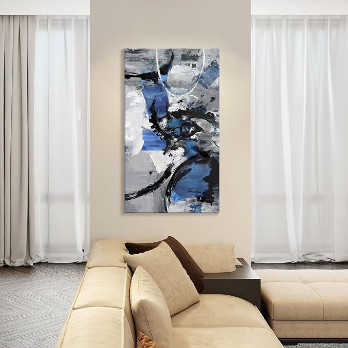 Abstract Canvas Wall Art: Large Wall Art for Living Room, Bedroom & Gray Office Decorations for Work, Framed Artwork - Modern Decor with Blue & Black Paintings