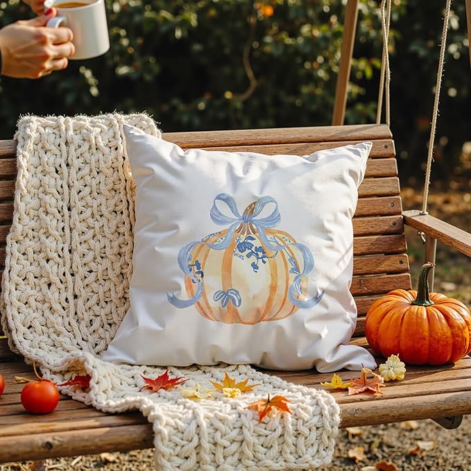 Blue Chinoiserie Pumpkin Fall Pumpkin Pillow Covers 18x18, Preppy Fall Decor, Grandmillennial Floral Pumpkin Autumn Decorative Throw Pillow Covers for Girls Room Home Bedroom Living Room