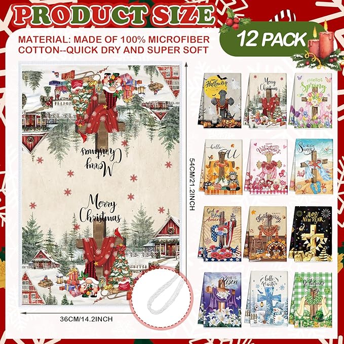 12 Pcs Seasonal Kitchen Towels Set for All Holidays Hand Dish Tea Towels Fall Halloween Christmas Cute Drying Dishcloths Decorative Absorbent Wash Cloths(Cross Style,Vivid Color)