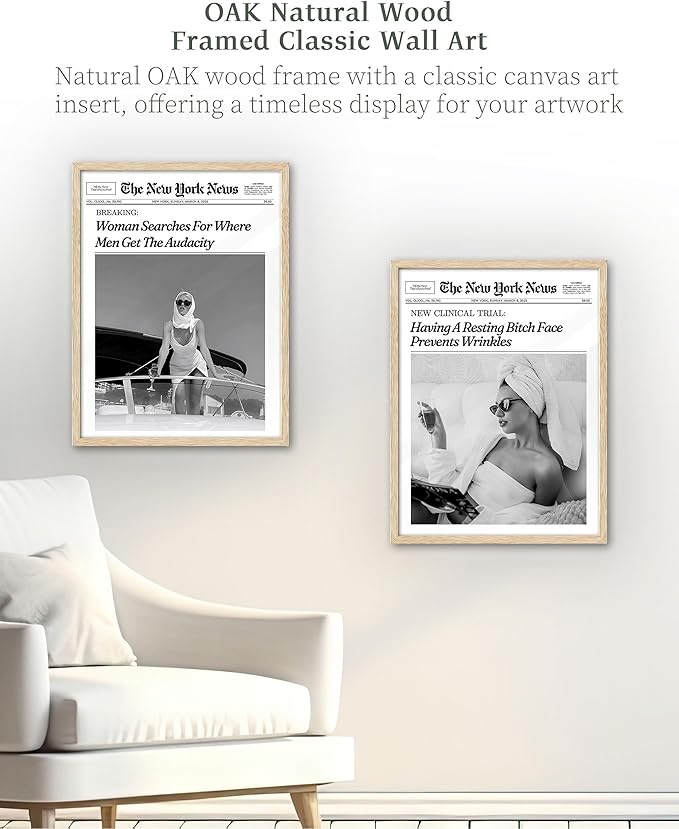 iHery Having A Resting Bitch Face Prevents Wrinkles Newspaper Framed Wall Art, Natural OAK Wood Trendy Large 16x20 in Vintage Canvas Wall Art Decor For Bedroom Living Room Bathroom Set of 1