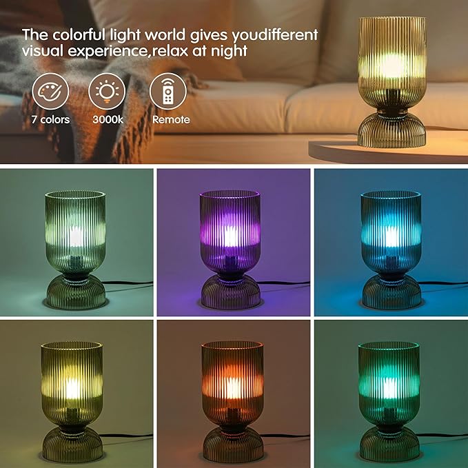 Modern RGB Glass Table Lamp with Remote,Color Changing Bedside Lamp with Green Glass Shade, 16 Colors, On/Off Cord Switch, Nightstand Lamp for Bedroom, Living Room, Office,Bulb Included