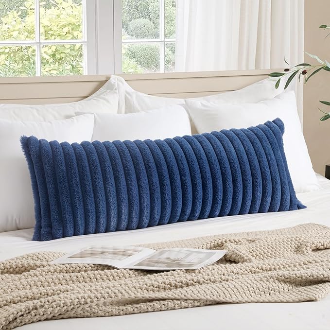 MIULEE 1 Piece Faux Fur Lumbar Decorative Throw Pillow Covers 14x36 Inch, Coastal Modern Art Home Decor Soft Plush Couch Pillows Cozy Fluffy Cushion Covers for Sofa Bed Navy Blue