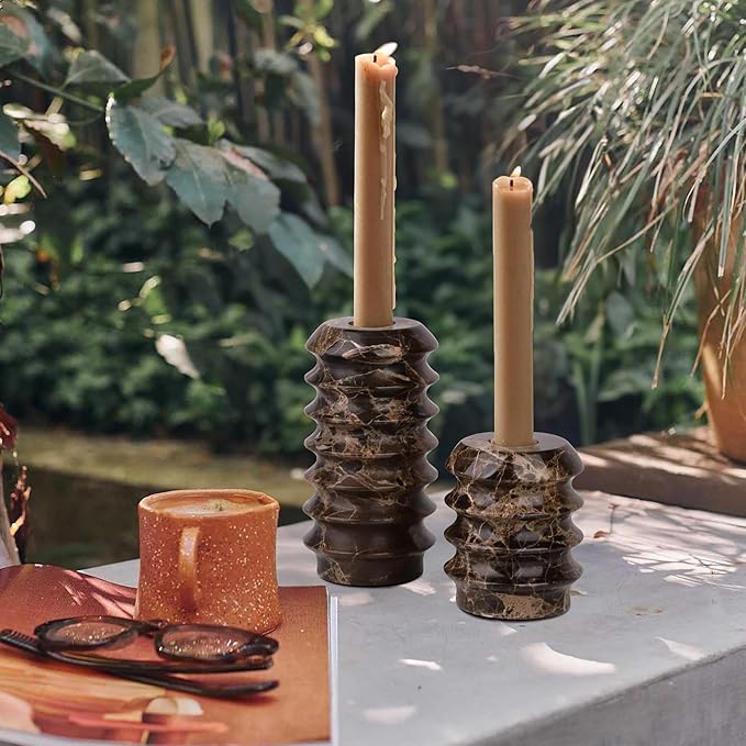 HofferRuffer Marble Candlestick Holders, Set of 2 Natural Stone Candle Holder Decorative Candle Stands for Wedding, Dinning, Party, Table Centerpieces, Fits 3/4'' Thick Candles (MarbleBrown)