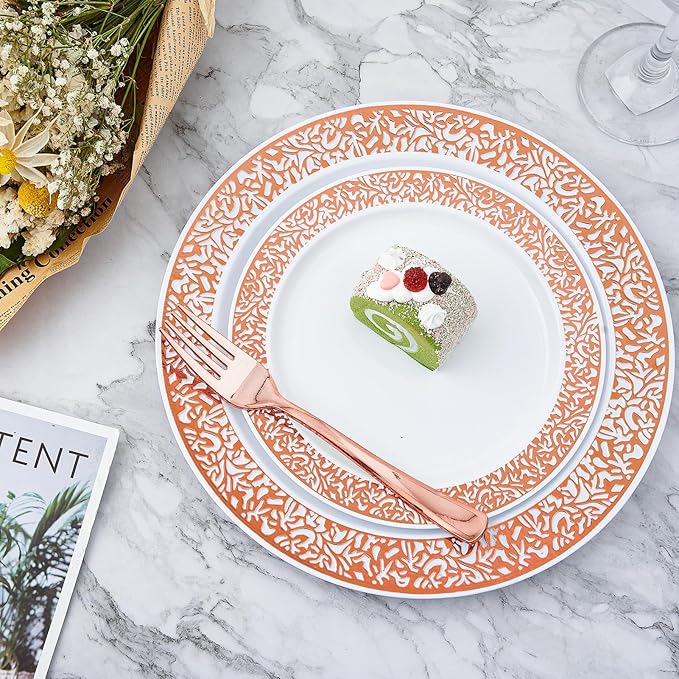 ๐ฎ๐ญ๐ฌ Count Rose Gold Plastic Dinnerware Disposable Plates 30 Dinner & 30 Dessert Plates & 30 Cups & 30 Rose Gold Paper Napkins & 30 Plastic Silverware Set