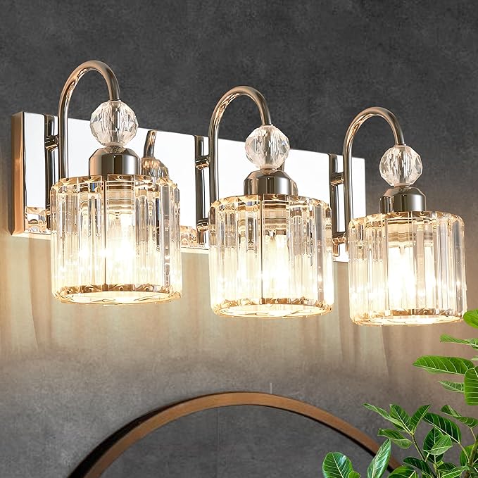Bathroom Vanity Light Fixtures Over Mirror - Makeup Lighting Chrome - for Modern Wall, Bath, Desk, Farmhouse, Hallway 3 Crystal Lights