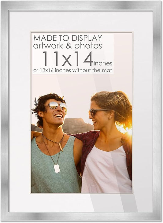 11x14 Frame Silver Wood with White Mat | 13x16 Frame Matted to 11x14 | Display Your Artwork Under UV Acrylic Shatter Guard Front, with Foam Board Backing and Wall Hanging Hardware - Wood Frame