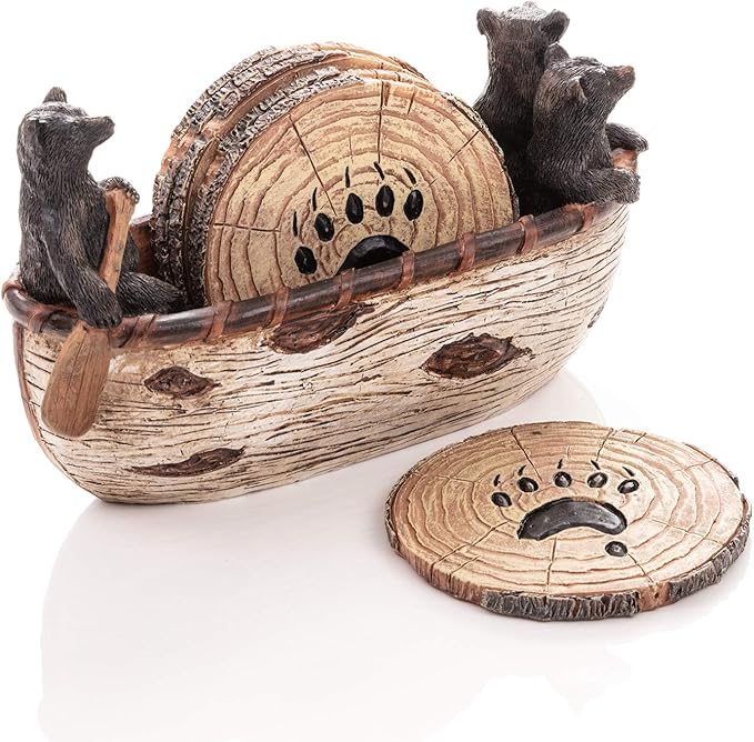 Bear Coasters Set of 6 Full Size Rustic Coasters in Handmade Canoe with Adorable Black Bear Figurines | Black Bear Log Cabin Decorations, Rustic Lodge Decor for The Home