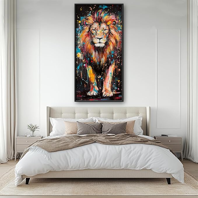 Lovira Graffiti Colorful Lion Large Wall Art Animal Canvas Wall Decor Pictures Prints Painting Framed Vertical Artwork for Living Room Bedroom Bathroom Men 30"x60"