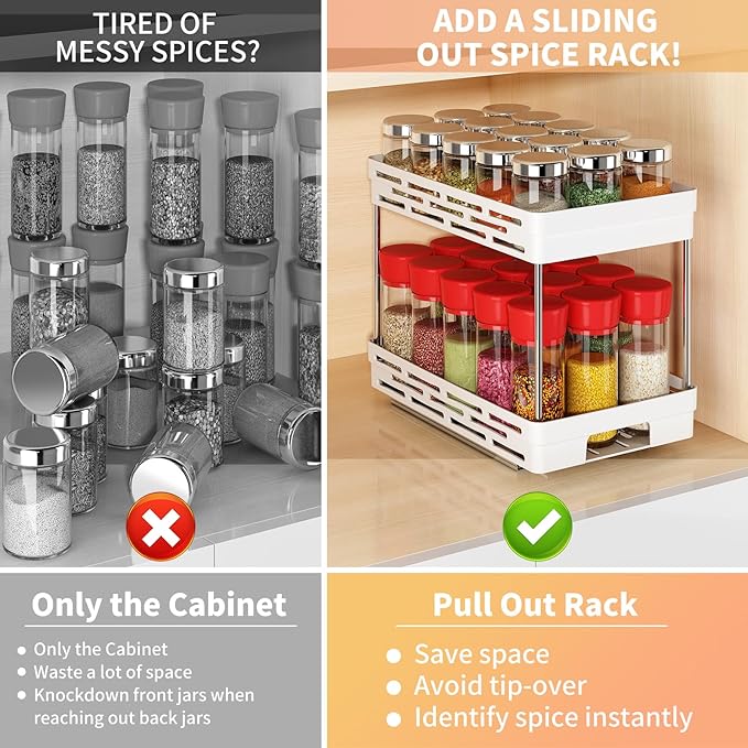 Pull Out Spice Rack Organizer for Cabinet, 2 Pack Widen Slide Out Spice Racks Organizer, Spice Cabinet Organizers, Cabinet Size Need:12'' Highx11'' Deepx6.75'' Wide,Hold 15 Spice Jar Each Tier-2Tier