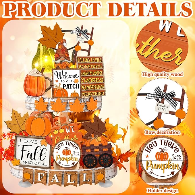 21 Pcs Fall Tiered Tray Decoration Set Thanksgiving Table Sign Pumpkins Farmhouse Decor Gnome Maple Leaves Centerpieces Harvest Wood Blocks Signs Fall Block Tabletop for Autumn(Gnome)