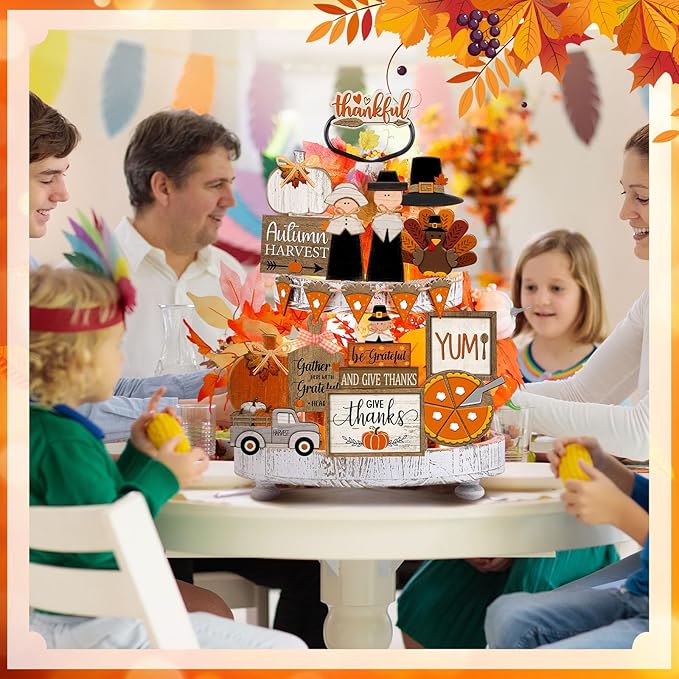 21 Pcs Fall Tiered Tray Decoration Set Thanksgiving Table Sign Pumpkins Farmhouse Decor Gnome Maple Leaves Centerpieces Harvest Wood Blocks Signs Fall Block Tabletop for Autumn(Fresh)