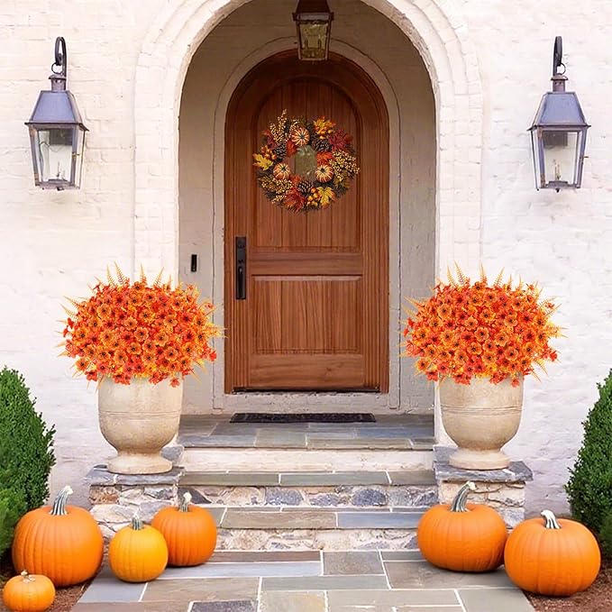 16PCS Artificial Fall Flowers for Outdoors, Realistic Faux Silk Flowers with Eucalyptus & Ferns, Fake Plants for Outside Planter, Patio, Porch, Garden Decor(Mixed)