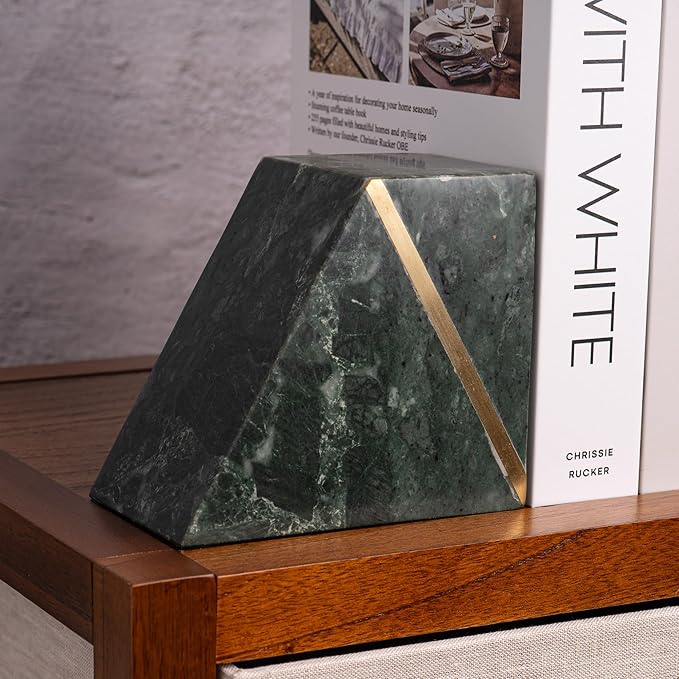 Cork & Mill Marble Bookends, Heavy Book Ends for Shelves, Handcrafted Solid Marble Bookshelf Decor, Decorative Green Book Stoppers with Gold Brass Accent, Non-Skid Bottom, Set of 2