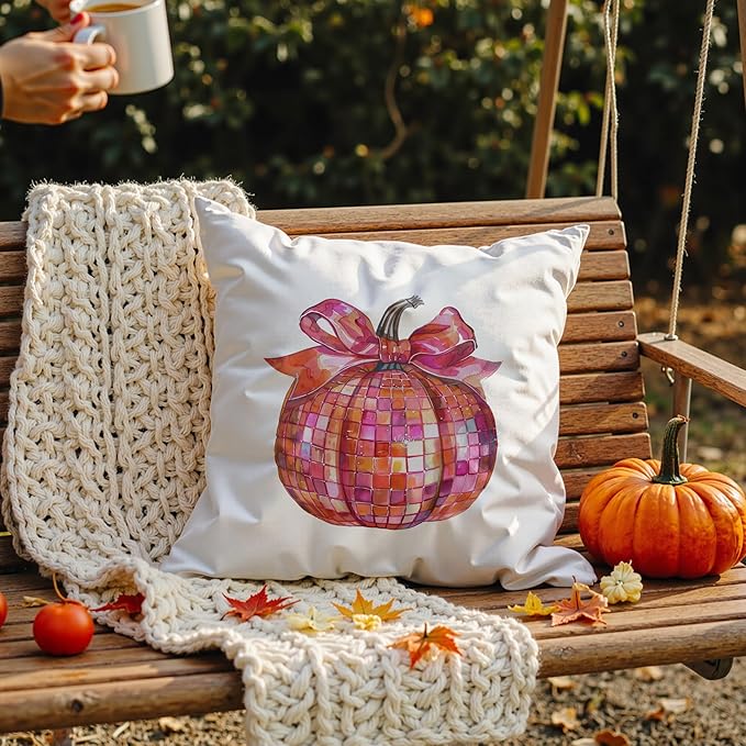 Coquette Pink Bow Disco Ball Pumpkin Fall Pillow Covers 18x18, Preppy Fall Decor, Funky Y2K Girly Pumpkin Autumn Decorative Throw Pillow Covers for Girls Room Dorm Home Bedroom Living Room