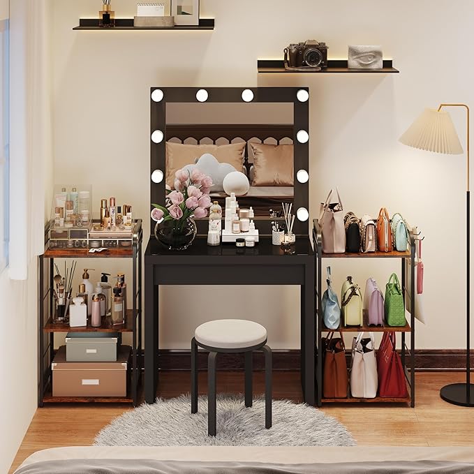 Iron & Wood Floor-Standing 3-Tier Purse Rack with Adjustable Feet, High-Capacity Bag Organizer for Closet, Patent Pending