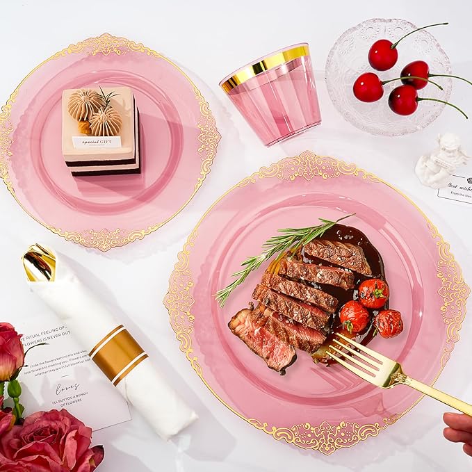 350 PCS Burgundy and Gold Plastic Plates, Disposable Dinnerware Set for 50 Guests, 100 Disposable Plates, 150 Silverwares, 50 Cups, 50 Napkins for Wedding, Party, Graduation