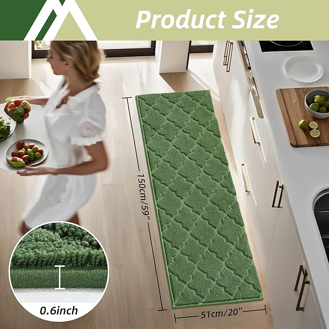 COSY HOMEER Soft Kitchen Floor Mats for in Front of Sink Super Absorbent Rugs 20"x59" Non-Skid Kitchen Standing Mat Washable,Polyester,Green