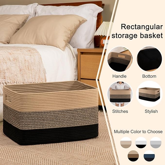 OIAHOMY 108L Large Cotton Rope Basket, Rectangle Woven Baskets for Storage, Nursery Blanket Storage Living Room, Toy Basket With Handle-25”x16”x16”-Yellow Black