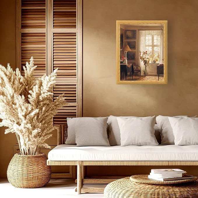 Brivoria Framed Canvas Wall Art Vintage Decor, Scandinavian Interior Artwork with Sunlit Window, Indoor Greenery and Golden Autumn Glow for Living Room Bedroom Fireplace or Gallery Display, 16"x20"