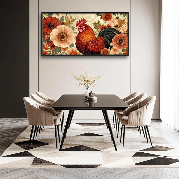 Lovira Farmhouse Rooster Large Wall Art Rustic Country Farm Chicken Floral Canvas Wall Decor Pictures Prints Painting Framed Artwork for Living Room Bedroom Bathroom Kitchen 30"x60"