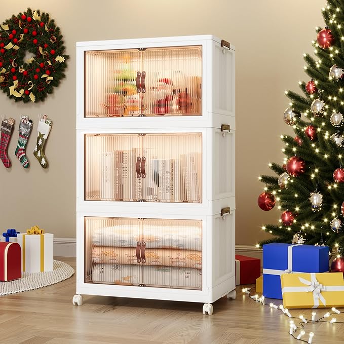 Jalove 50QT Plastic Storage Bins with lids, Stackable Collapsible Storage Containers with Wheels, Closet Organizer and Storage Drawers, Clothes Storage Cabinet for Home Office Garage, 3Pack White