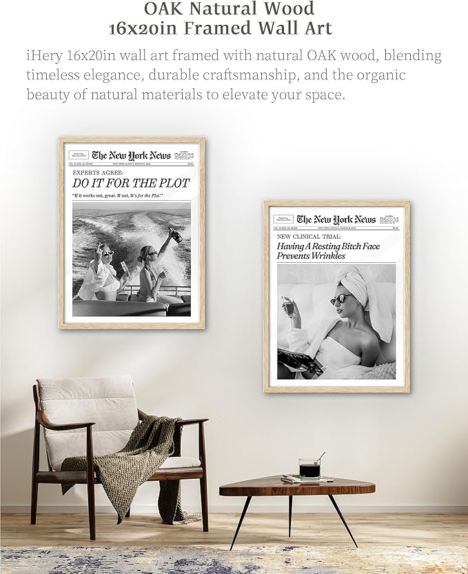 iHery Natural OAK Wood Hot Girls Newspaper Trendy Framed Wall Art, Large 16x20 in Vintage Beige Canvas Wall Art, Do it for The Plot, Apartment Funny Girly Dorm Living Room Bedroom Decor Set of 1