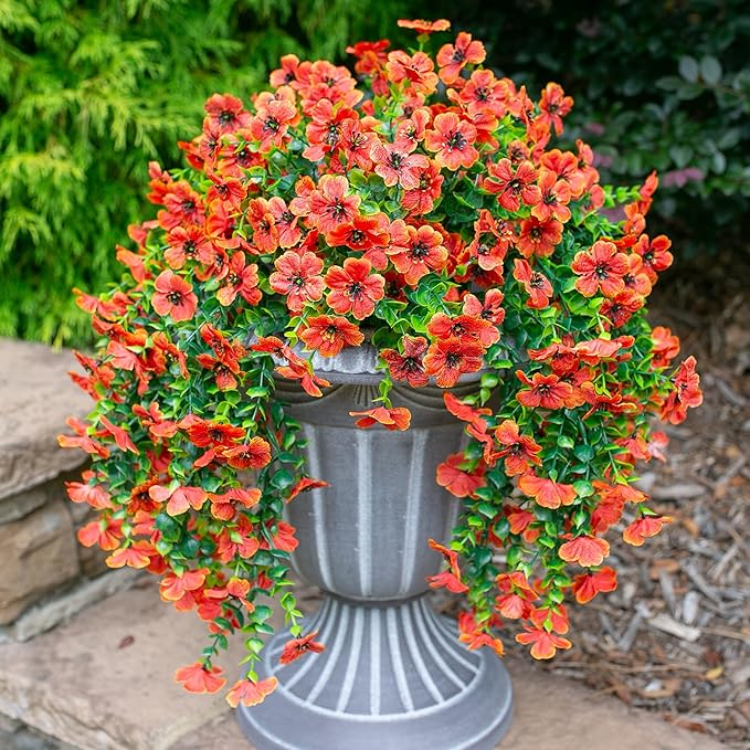 HyeFlora Artificial Fall Flowers for Outdoors Fake Hanging Decoration, 2Pcs Orange Daisy with Autumn Leaves, Realistic Plants Decor, UV & Fading Resistant Silk Flower for Porch Patio Balcony