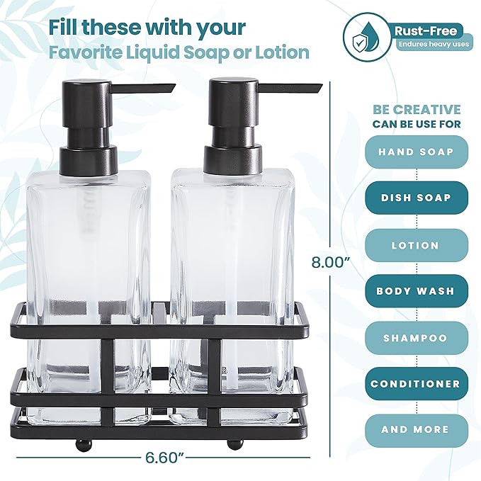 Square Glass Clear Lotion and Soap Pump Dispenser Set with Metal Stand Caddy for Bathroom Bath Kitchen Home Office Travel Hotel Hand Crafted Heavy Weight Oil Rubbed Bronze