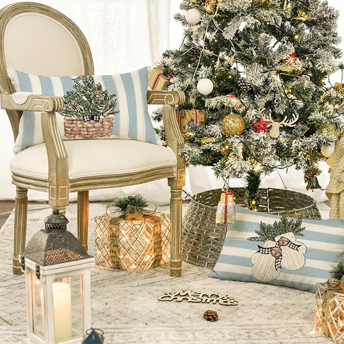 AVOIN colorlife Christmas Snowman Reindeer Gloves Eucalyptus Blue Throw Pillow Covers, 12 x 20 Inch Winter Holiday Stripes Cushion Case Decoration for Sofa Couch Set of 4