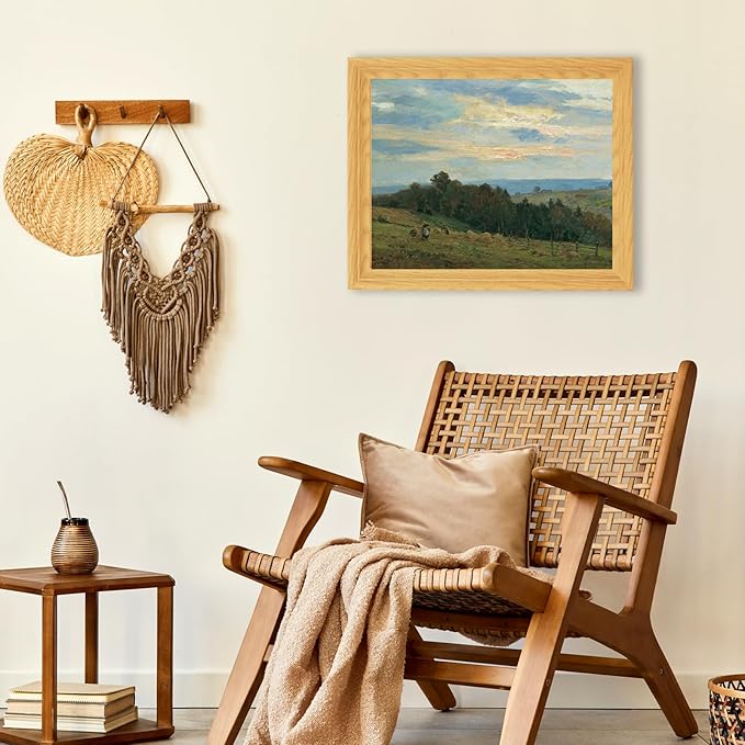 Brivoria Framed Canvas Wall Art Vintage Decor, Harvest Season Landscape with Farmers Hay Fields and Rustic Trees Under Autumn Sunset for Hallway Reading Nook Bathroom or Office Wall Display, 13"x16"