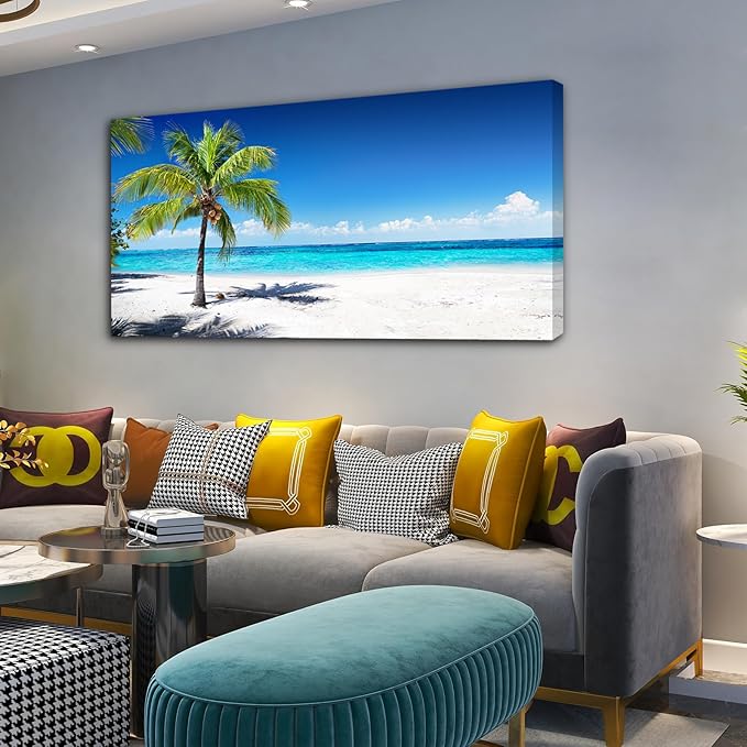 Baisuart Large Canvas Wall Art Summer Ocean Waves Coconut Trees on Sands Beach Seascape Painting Sea Nature Pictures for Living Room Home Office Wall Decor Artwork XXLarge 30x60inch