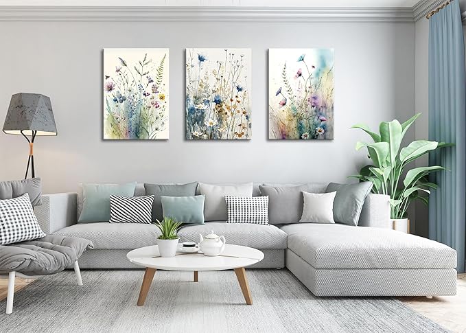 dgbtcart Colorful Flower Canvas Wall Art Set, Watercolor Daisy Floral Wall Decor, Wildflower Plant Wall Painting, Multicolour Botanical Art Print for Living Room Girls Bedroom Bathroom - 16"x24"x3pcs