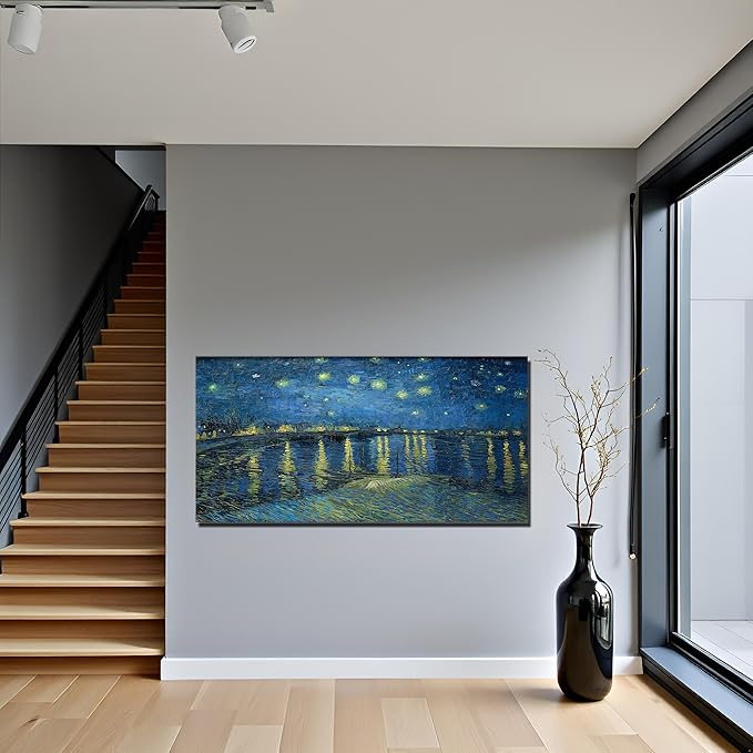 Large Artwork Starry Night Over the Rhone Van Gogh Girls Room Wall Art Famous Painting Canvas Print Blue Poster for Dining Room Hallway Office Wall Decor Framed 20x40inch