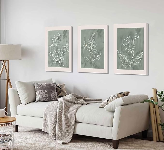 3Pcs Sage Green Botanical Wall Art Line Drawing Floral Canvas Poster Prints Modern Abstract Minimalist Picture Neutral Boho Artwork Simple Painting Wall Decor for Living Room Bedroom 16X24in Framed