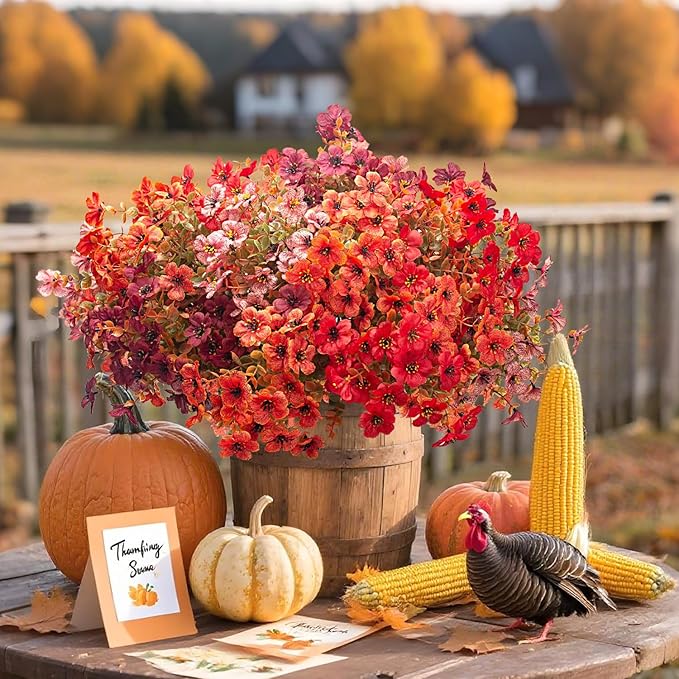 16 Bundles Artificial Fall Flowers, UV Resistant Faux Plants for Outdoor Decor - Fake Greenery for Porch, Patio, Garden, Thanksgiving Christmas Home Decoration (Mixed Colors)