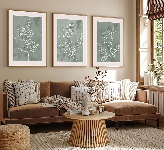3Pcs Sage Green Botanical Wall Art Line Drawing Floral Canvas Poster Prints Modern Abstract Minimalist Picture Neutral Boho Artwork Simple Painting Wall Decor for Living Room Bedroom 12x16in Unframed