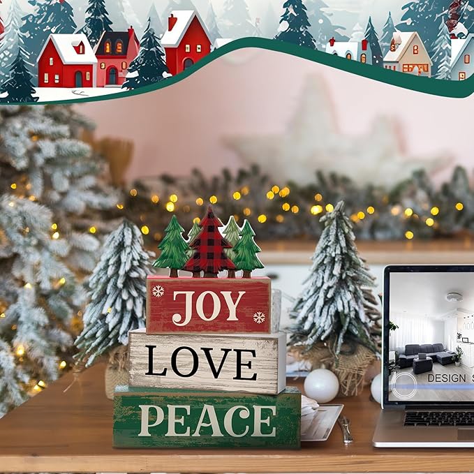 4 Pcs Christmas Table Decor Christmas Tree Centerpiece Joy Peace Love Sign Rustic Decorative Tree Block Signs Gift Winter Tiered Tray Decor Farmhouse for Home Xmas Party Kitchen Shelf