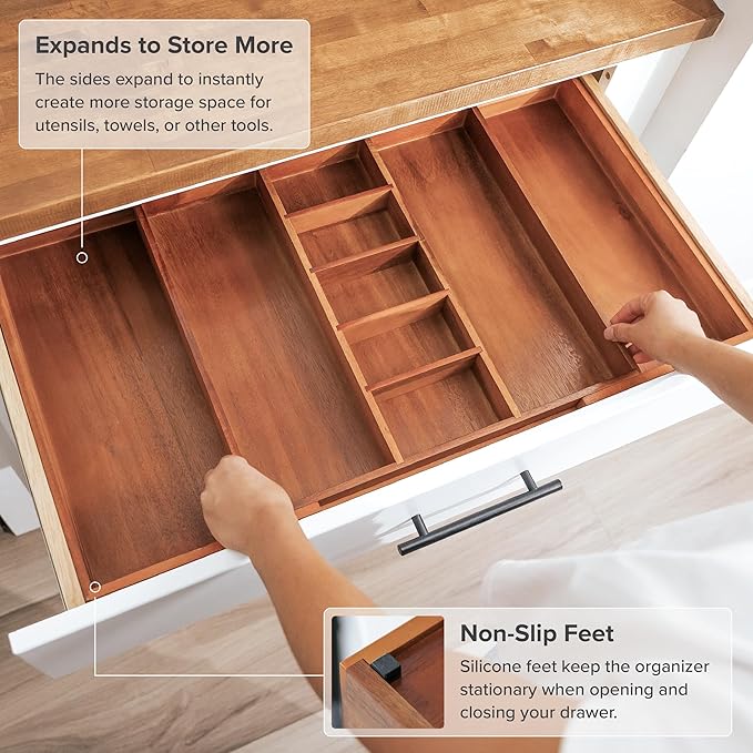 Adjustable Kitchen Drawer Organizer for Utensils and Junk, Food-Safe Contract Grade with 100% Sustainable Wood, Non-Slip, Expandable from 18.5 to 33 Inches Wide - Natural Acacia
