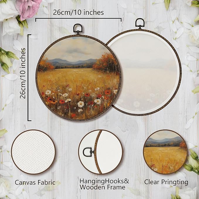 XNXLDYLH Vintage Fall Wildflower Round Framed Wall Art Decor, Rustic Farmhouse Harvest Hanging Wall Decor Decorations, Autumn Fall Floral Landscape Canvas Prints Wall Art Pictures Paintings, 10x10Inch