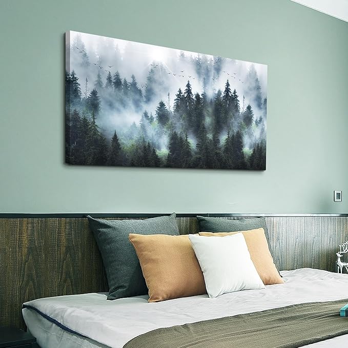 Wapluam Foggy Forest Landscape Canvas Wall Art - Living Room, Office, Bedroom Decor - Framed Canvas Prints - Modern Wall Painting - 24"X48"