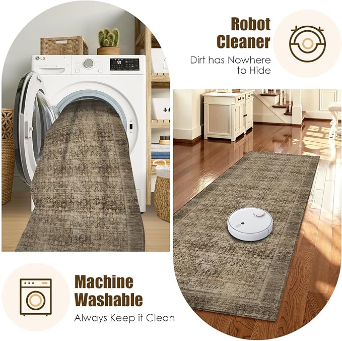 Washable Area Rug 2'6'' x 8' Vintage Traditional Persian Mat - Foldable Distressed Non-Slip Machine Washable Carpet for Living Room Bedroom Kitchen Home Decor - Mocha and Taupe