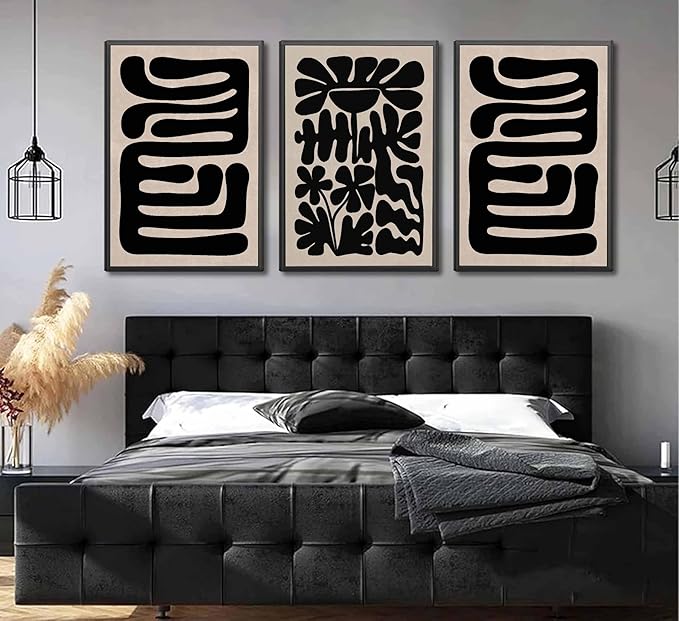 3 Pcs Boho Abstract Floral Canvas Wall Art Mid Century Modern Minimalist Black Neutral Flower Botanical Picture Wall Decor Poster Print Artwork for Living Room Bedroom Home Decoration Unframed