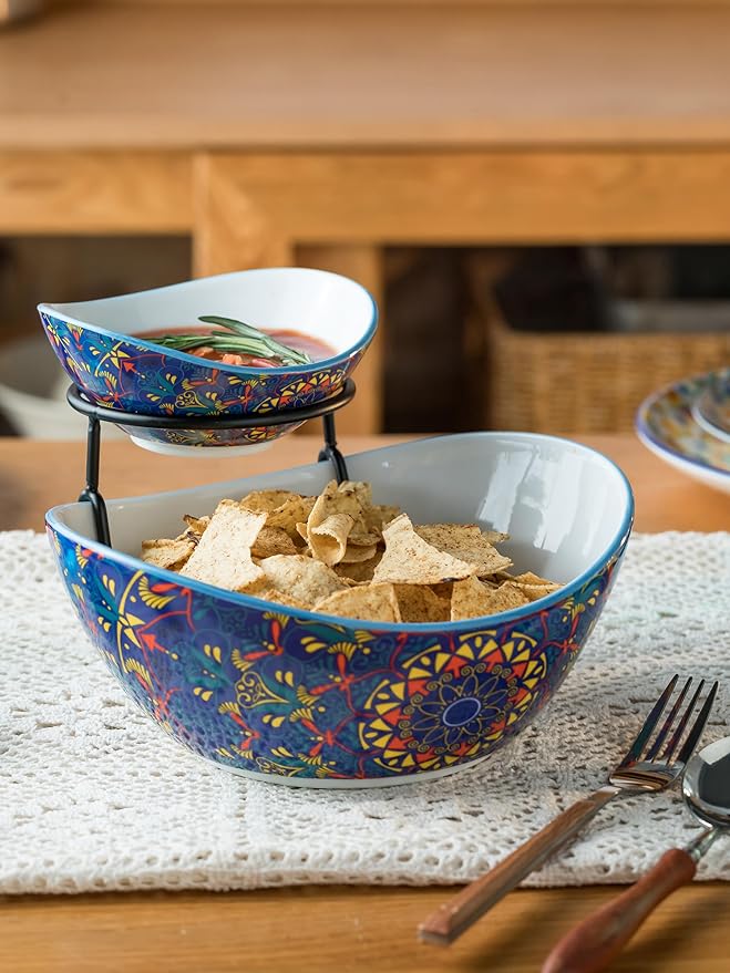 YHOSSEUN Chip and Dip Serving Set, Ceramic Chip Dip Bowls for Parties, 2 Tier Serving Stand Appetizer Serving Dishes for Entertaining Food Display Set