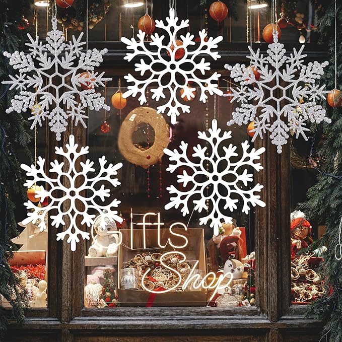 12pcs Large Christmas Snowflakes Decorations, 12" Big Plastic Glitter White Sliver Snowflake Ornaments for Winter Indoor Outdoor Christmas Tree Holiday Window Room Decor Craft Snowflakes